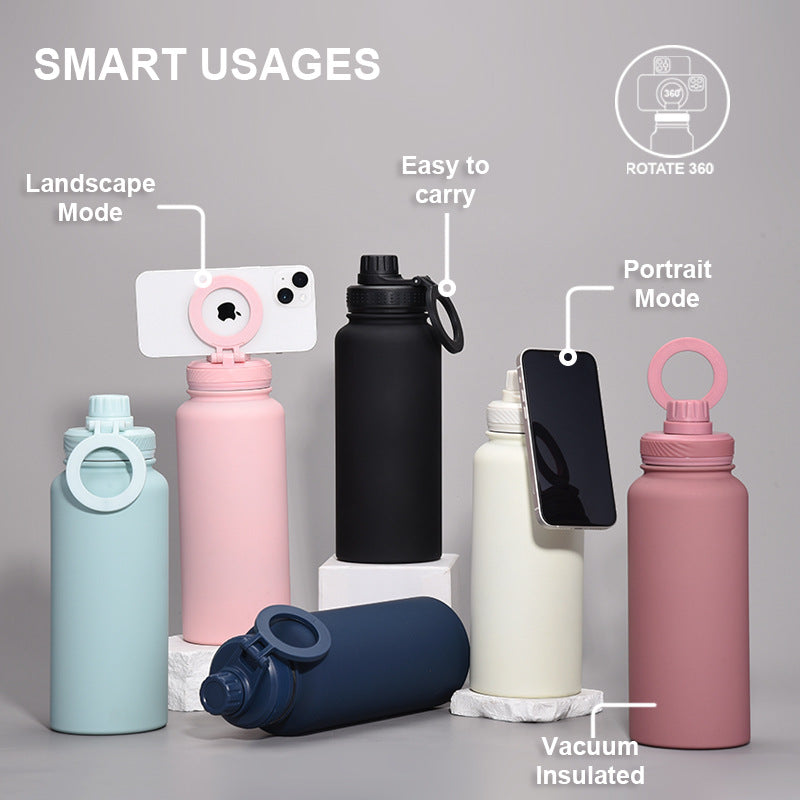 Magnetic Stainless Steel Thermos Cup with Phone Holder